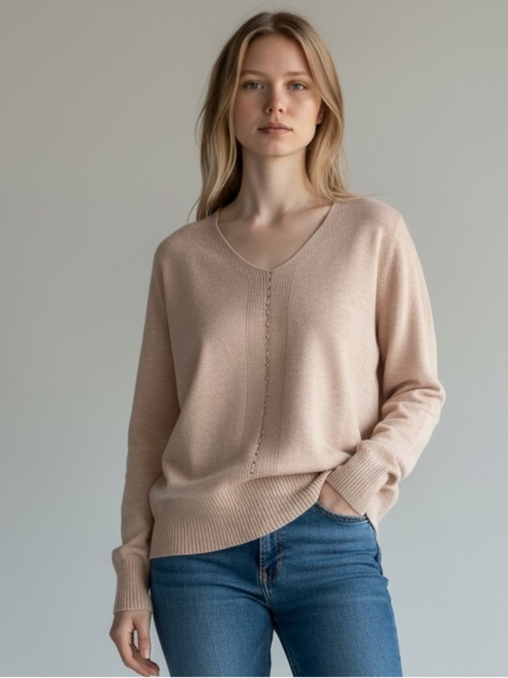 Relaxed V-Neck Sweater in Soft Blush